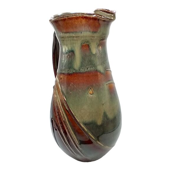 Pottery Pitcher With Applied Handle Green Brown Stamped/Signed Unknown VTG Flaw - Picture 4 of 11